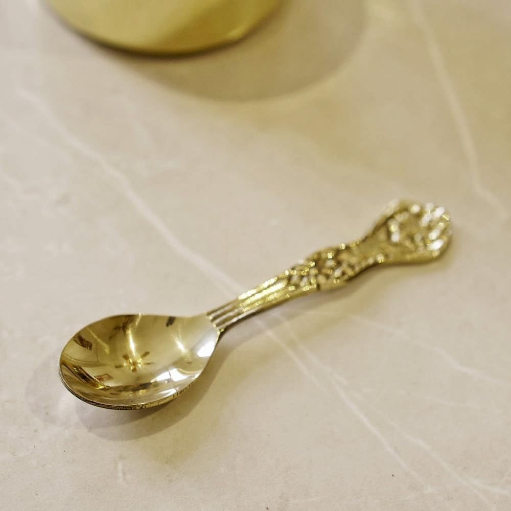 Arazio Brass Etched Spice Box, 7 Inch, Hammered Finish, with 7 Compartments and Spoon, Handmade