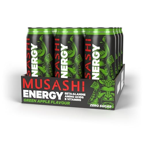 Musashi Energy Drink, Green Apple, Hydration & Energy Support, Workout & Sports Performance, Electrolyte Boost, Pack of 12 (12 x 500ml Energy Drinks)