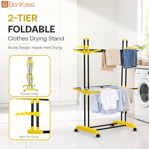 Image of BonKaso AirFold Compact 2-Tier Double Pole Foldable Clothes Drying Stand, Portable Heavy Duty Alloy Steel Laundry Rack with 360 Wheels and 8 Hanger Slots, for Indoor and Outdoor Use, Black & Yellow