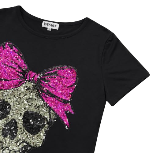 Image of PESION Womens Short Sleeve T-Shirt Sequined Tops O-Neck Funny Graphic Tees Blouse