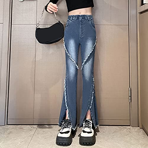 Girls Flared Denim Pants ð—¥aw Hem Elastic Waist Stretchy Bootcut Slim Fit Jeans for Teen Girls Legging Trousers2