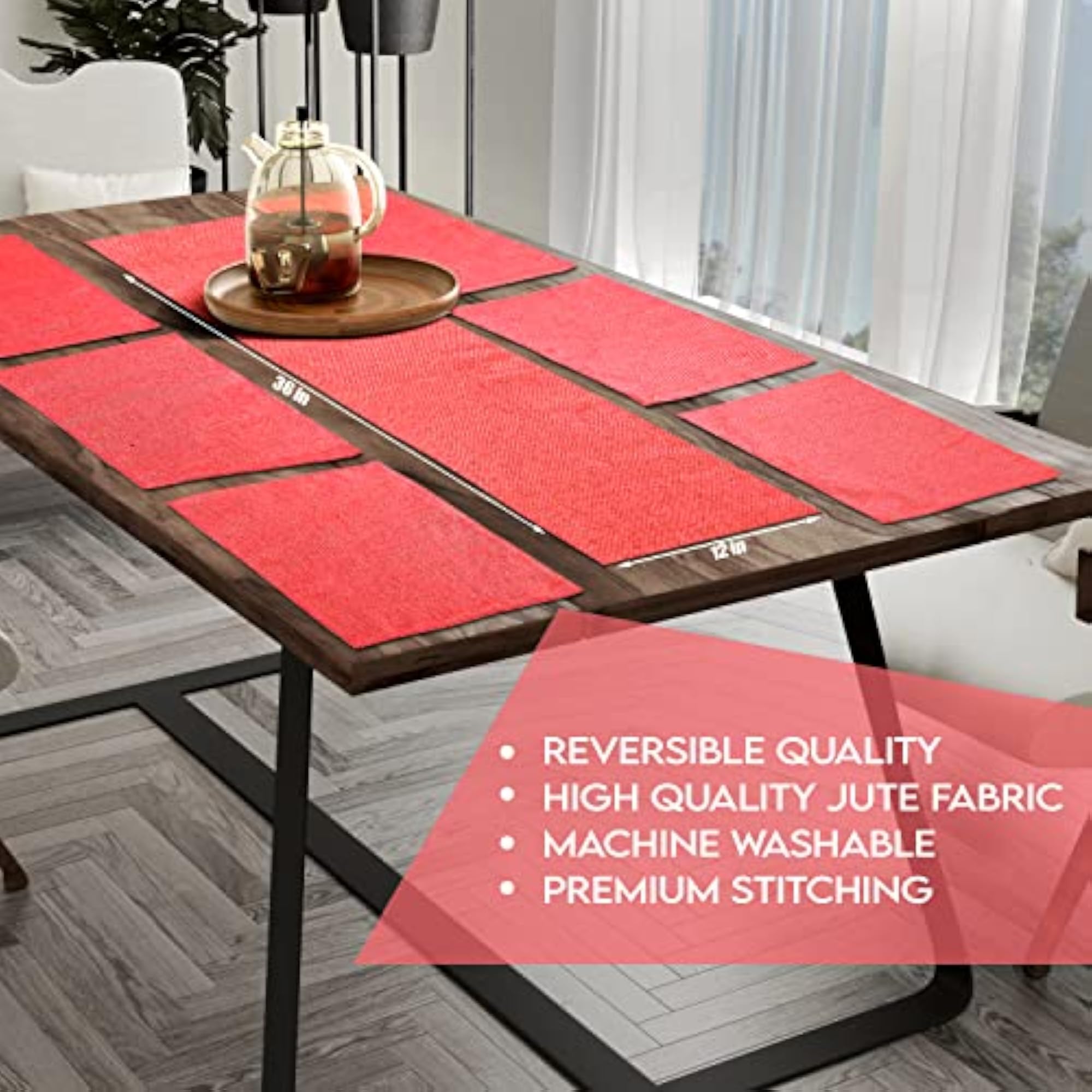Reversible Jute Fabric Dining Table Mat and Runner Set, 7pcs