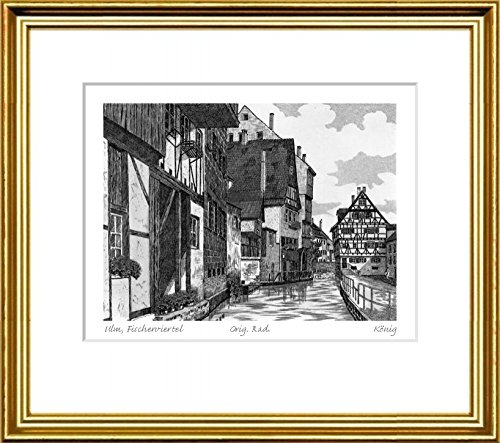 Akwaforta ręcznie drukowana monochromia Ulm, Fischerviertel z König, w złota wąska ramce, za passepartout, grafika artystyczna, sztuki projektowania, druk artystyczny