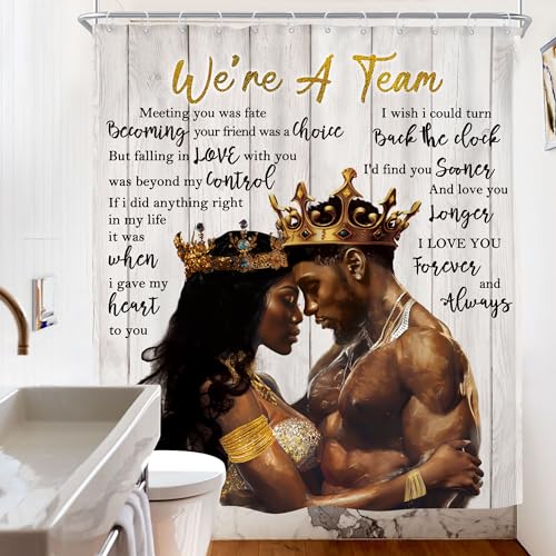 Image of Riyidecor African American Shower Curtain Black King and Queen Afro Romantic Couple 60Wx72H Inch Rustic Vintage Wood Board Inspirational Quote Fabric Decor Bathroom Polyester Waterproof Hooks
