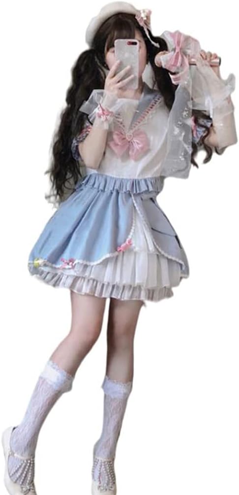セーラー服 ロリータ風 姫 Jk制服 女子高生 コスプレ 衣装 半袖 スカート ゆめかわいい 森ガール 萌え 水色 リボン 女の子 リボン チュール ハロウィン 仮装 パーティー 学園祭 イベント 水色 M Ahresearch Com Au