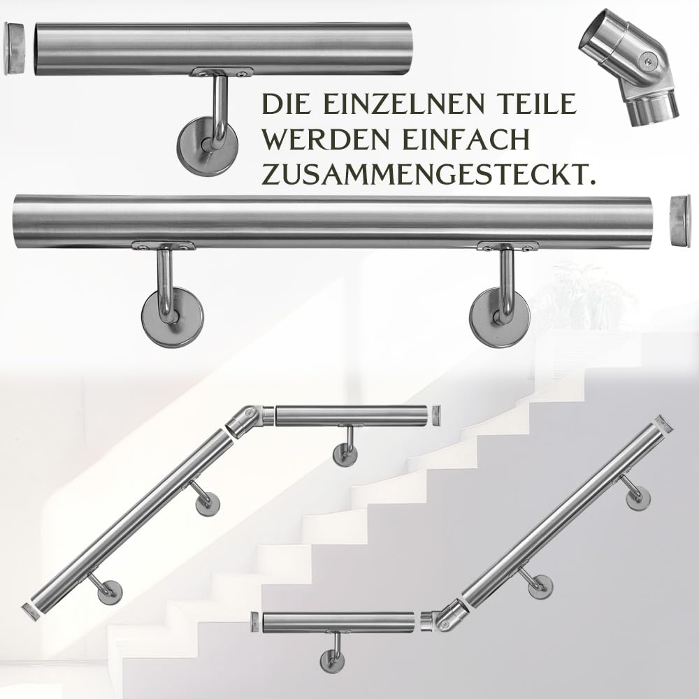 Handlauf aus Edelstahl mit Winkel 50 cm Gelenkverbinder Rohrverbinder Treppengeländer Geländer für Treppe 4,2 cm Wandhandlauf Wand Treppe V2Aox
