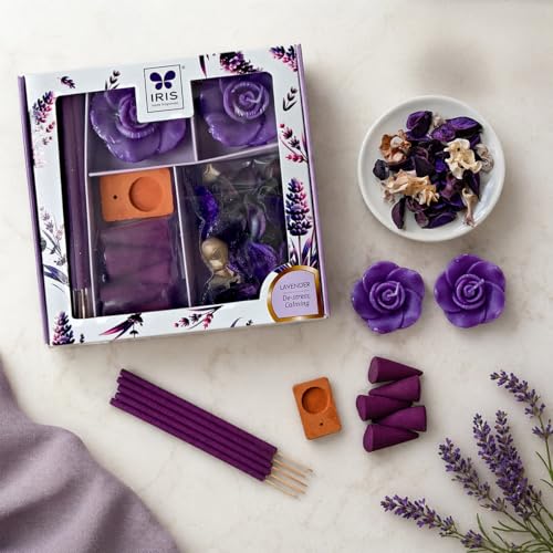 Image of IRIS Lavender Fragrance Gift Set | Floating Candles, Incense Sticks, Incense Cones, Potpourri & Incense Holder | for Home Decor & Gifting.