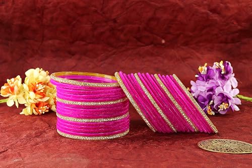 Image of NMII Fancy Glass Golden Zircon Diamond Stone & Velvet Finish Plain Bangles Set For Women & Girls | Glass Velvet Bangles | Kanch ki Chudiyan | Girl's Bangles Bracelet | Fashion Jewellery- Set of 32