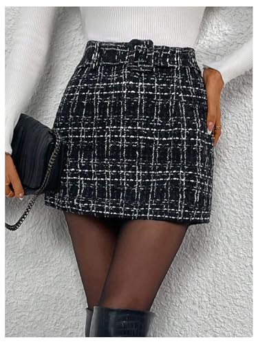 Milumia Women's Plaid High Waist Straight Skirt Tweed Belted Elegant Mini Skirts4
