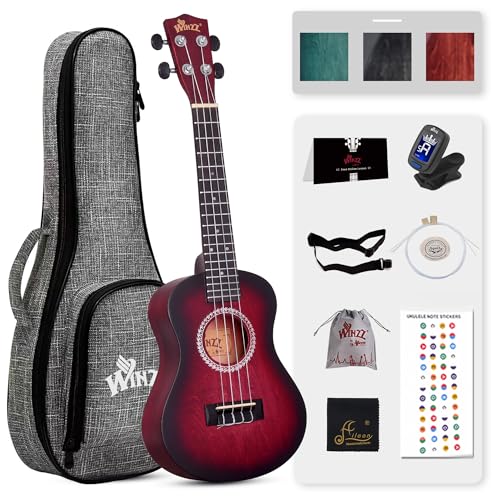 WINZZ HAND RUBBED Series - Concert Ukulele Vintage Hawaiian Uke with Online Lessons, Bag, Tuner, Strap, Extra Strings, Fingerboard Sticker, 23 Inches, Red