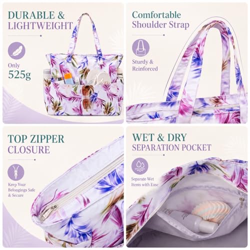 Image of LEDAOU Large Beach Bag Women Waterproof Sandproof Zipper Beach Tote Pool Bag for Swim Gym Grocery Travel with Wet Pocket