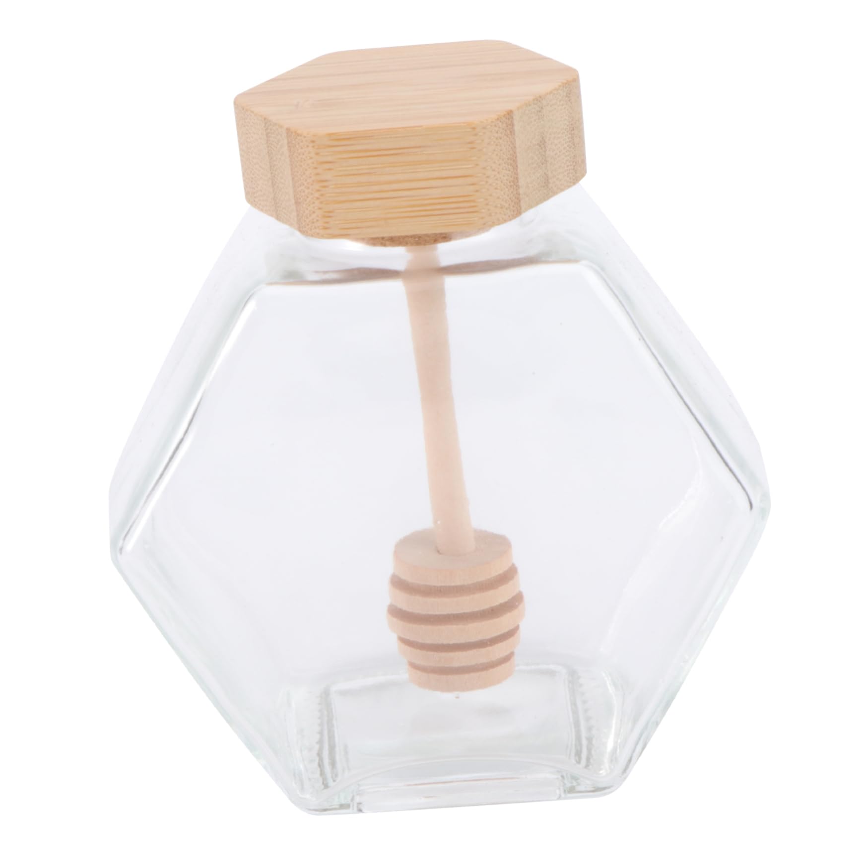 BESTonZON 220ml Hexagon Glass Jar with Wooden Dipper and Cork Lid for Honey- Refillable Honey Pot for Home Kitchen, Ideal for Storing Syrup, and Jam