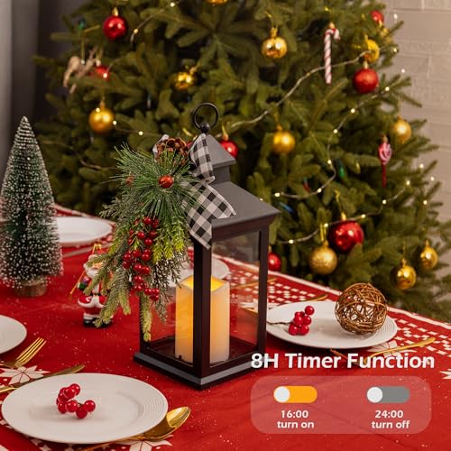 Image of Christmas Decorative Lantern with LED Candle - Black Lantern with Pinecones, Black Bow - Battery Operated Christmas Table Centerpiece for Indoor Decor(1pack)