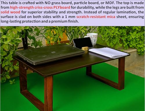 Image of Foldable Lap Desk | PLYWOOD Bed Table With solid wood legs - modern DARK FINISH, Sturdy Laptop Table for Study, Work, bed, Floor Use, Wide Wooden Legs, Near-Invisible Top (26 inch X 18 inch X-LARGE)