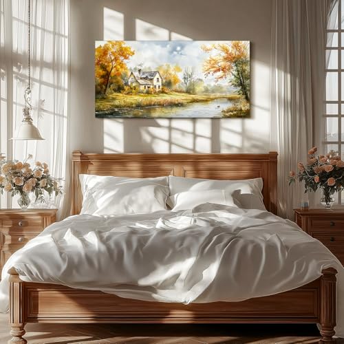 SERIMINO Rustic Landscape Large Wall Art, Forest Lake Cottage Painting Art Prints, Countryside Autumn Scenery Home Decor Artwork, Nature Canvas Wall Pictures for Living Room Bedroom Farmhouse 24"X48"