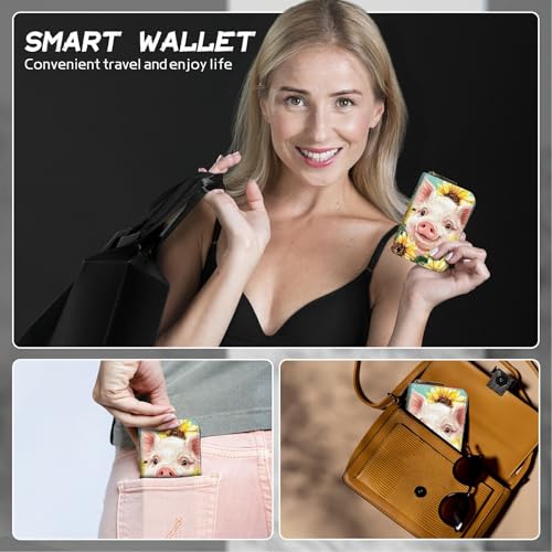 Image of Cute Credit Card Holder with Zipper, Pig Sunflowers RFID-Blocking Card Case Small Wallet for Women Men, Multi-slot Card Organizer Case Travel Accordion Wallet