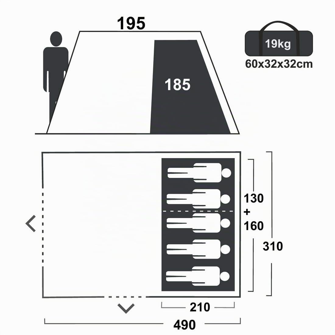 your GEAR Tenda Bora - Tenda a tunnel per 4 o 5 persone, UV 50+, tenda familiare, cabina notte buia, grande soggiorno e finestra, tenda da campeggio impermeabile (5000 mm), altezza alzata, tettoia,