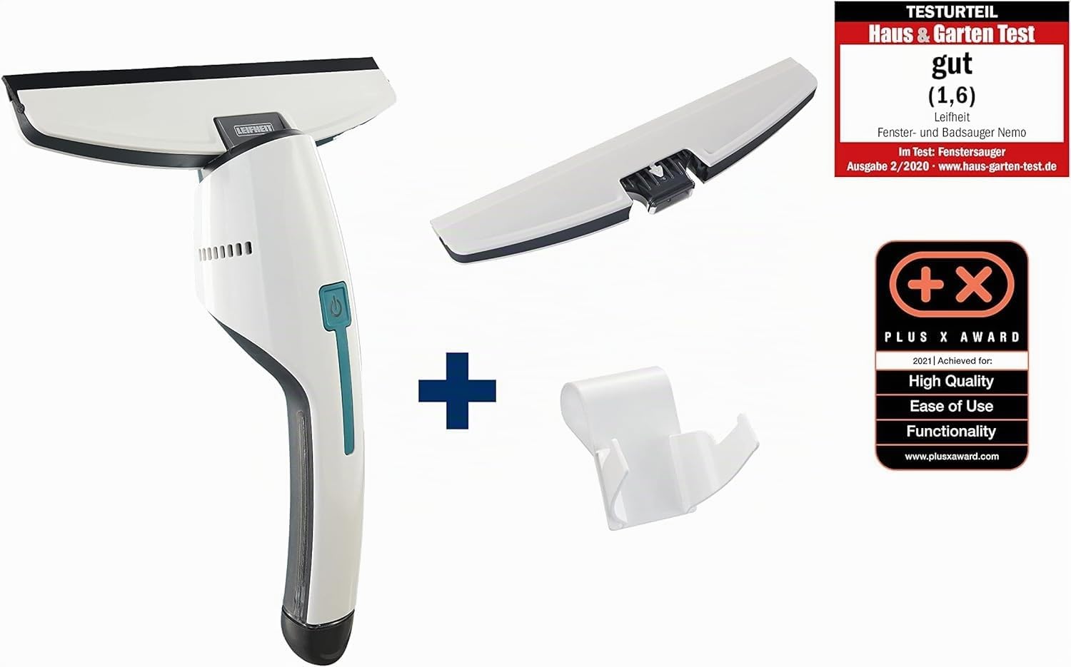 Leifheit Set Aspirador de ventanas Nemo con boquilla para baño, aspirador limpiacristales con soporte de pared, 45 min. de batería