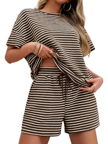 Tankaneo Womens Pajama Sets Striped 2 Piece Lounge Sets Short Sleeve Oversized T Shirts Drawstring Shorts Matching Set