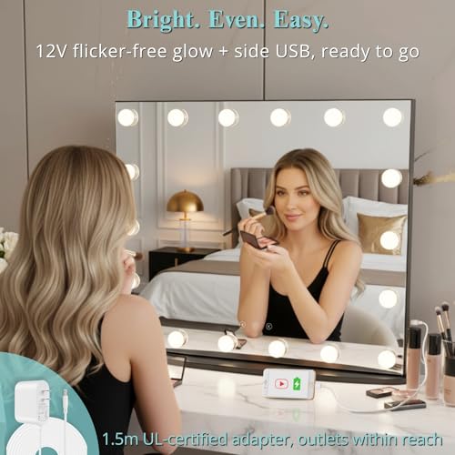 Image of LUXFURNI Vanity Mirror with Lights, 23.6 inch Hollywood Makeup Mirror Black | 18 Surround LED Bulbs, 360 Shadow-Free Lighting, 3 Color Modes, USB Charging, Tabletop & Wall Mount for Bedroom Dorm Desk
