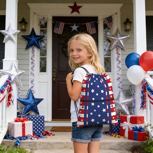 Image of Patriotic Stars Stripes 4th of July Drawstring Bag, Memorial Day Independence Day Red Blue Waterproof Drawstring Bckpack for Gym Sports, Sackpack Bag with Front Zipper Pocket and Inside Zipper Pocket