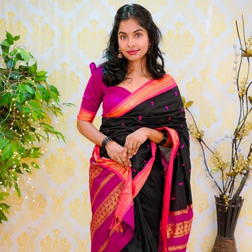 Image of DHIHA Gadwal Cotton Saree for Women | Pure Kalyani Cotton Saree with Zari Border Tassels & Blouse | Kanjivaram Linen Silk | Handloom Weave