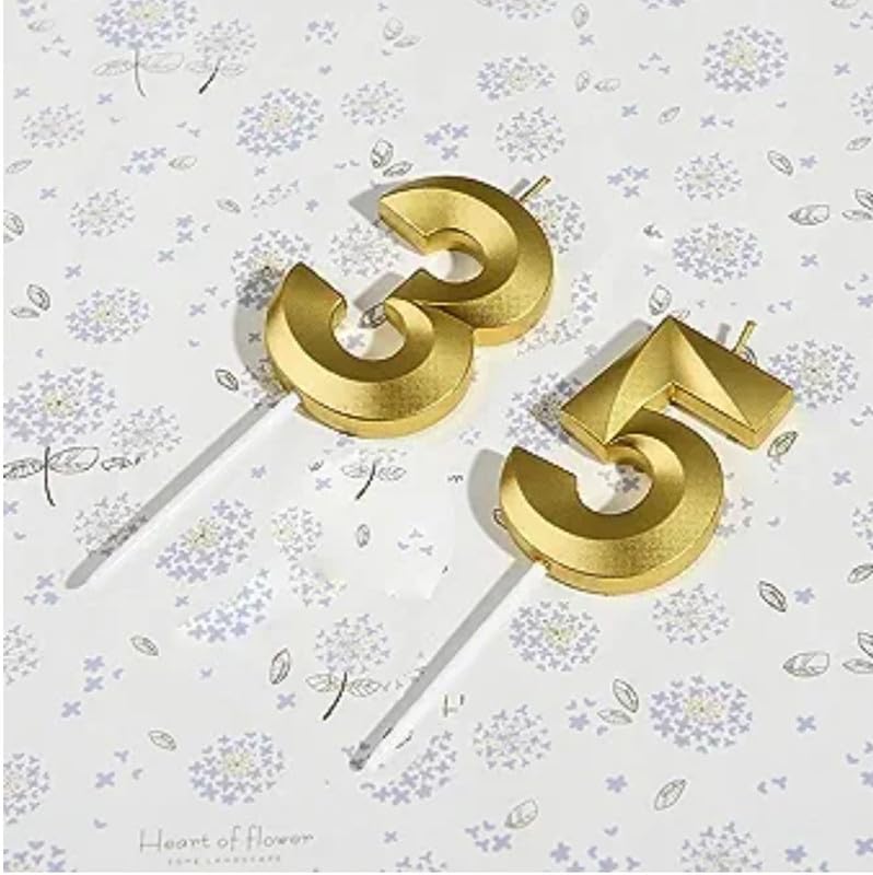 Image of Number 35 or 53 Wax Candle with Crown for Birthday, Wedding, Engagement, Valentines Day Celebration, Bachelorette Cake Topper for Decoration 2 Pcs, Gold, Unscented