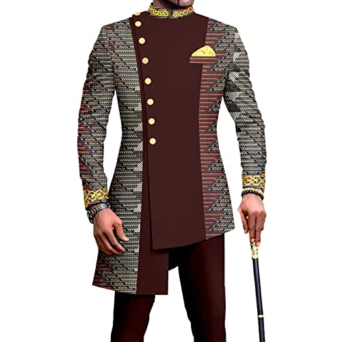 African Suits for Men Single Breasted Embroidery Print Blazer and Pants Set Dashiki Outfits