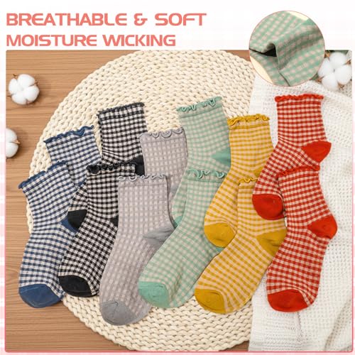 Image of 6 Pairs Women Ruffle Striped Frilly Socks, Cute Checkered Ankle Sock for Women Cotton Knit Casual Crew Socks