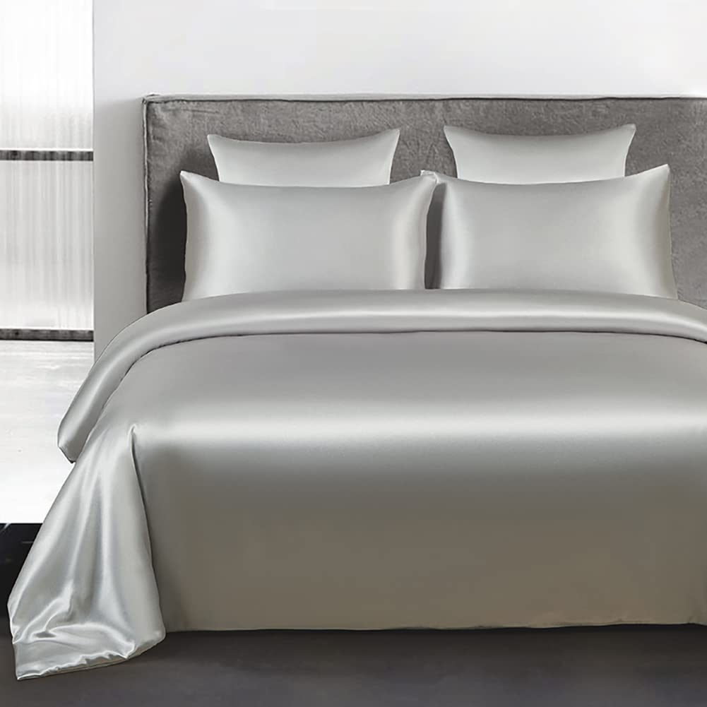 Omela Satin Bettwäsche Set 135x200 Silber Grau Einfarbig Unifarben Glatt Bettbezug mit Reißverschluss 2 Teilig 100% Glanzsatin Polyester Sommerbettwäsche und Kissenbezug 80x80 cm