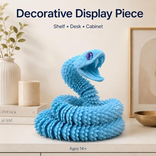 Image of 3D Printed Blue Viper Snake, 23 inch Glow in the Dark Articulated Snake Sculpture with Movable Jaw & Fangs, PLA Desk Decor for Display Shelves & Adult Collectors