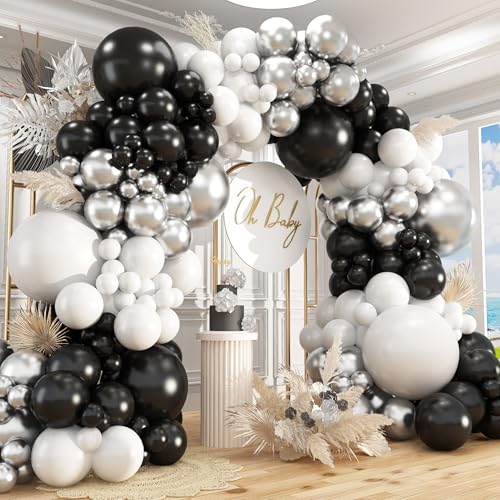 Image of 412Pcs Black and Silver White Balloon Arch Kit, 18 12 10 5 Inch Different Size Black and Silver White Balloons for Graduation Birthday Wedding Party Decorations