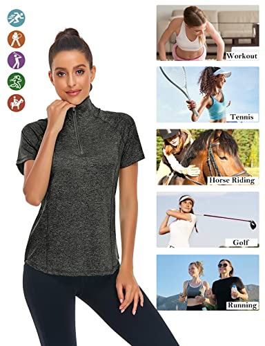 Luranee Short Sleeve Athletic Shirt Women, Casual Black Lightweight Half Zip Pullover Loose Hiking Running Clothes Comfy Workout Yoga Tops Fitness Gym Wear Sport Quick Dry Fit Polo Shirts M #TOP2