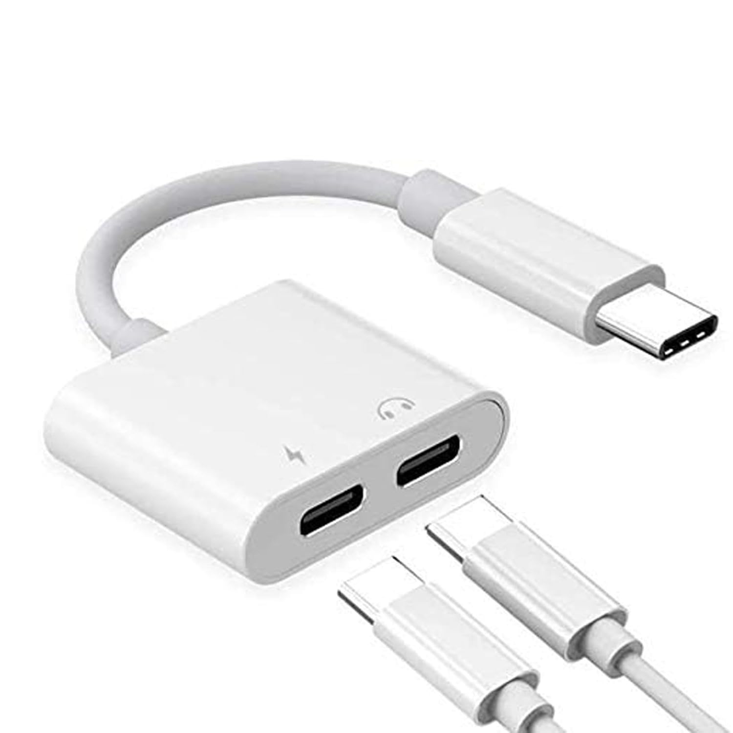 Dual Audio and Charger Adapter Headphone Jack 2 in 1 Splitter USB C To Dual Audio And Charging Adapter Compatible with i-Phone 15 Series, Sam-sung, Hua-wei And Other Mobile Phones (White)