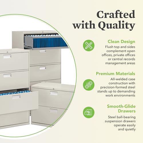 Image of HON 4 Drawer Lateral File Cabinet with Lock, Metal Filing Cabinets for Offices, Adjustable Hangrails for A4, Legal, Letter Files, 18 inch Deep, Light Gray