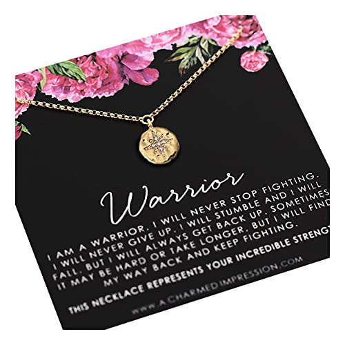 Warrior Necklace Gold •FIGHTER Survivor Gifts for Women •Diamond Starburst •**** Cancer •Mantra Affirmation •Depression •Sobriety Recovery •Support Encouragement Jewelry...