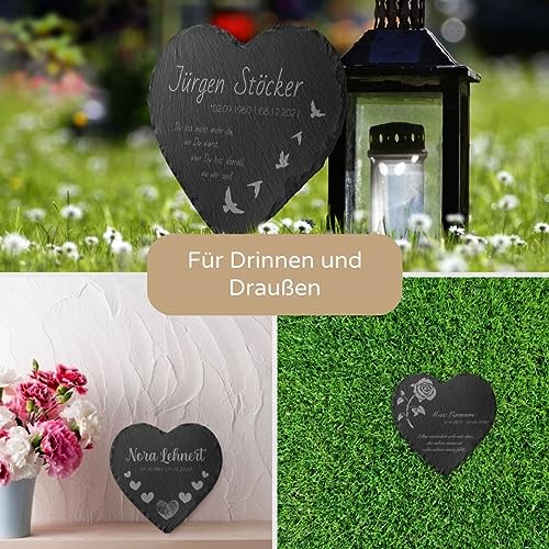 CHRISCK design Große Grabplatte Herz aus Schiefer mit Gravur - Grabstein in Herzform mit vielen Motiven - Grabschmuck wetterfest imprägniert für Urnengrab Grab - personalisierte Grabdeko