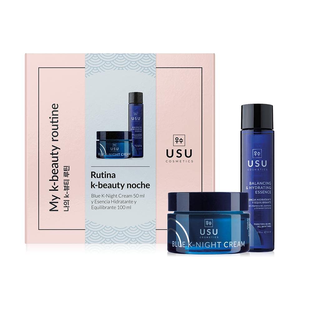 Pack de Rutina K-Beauty de Noche - Esencia Hidratante y Equilibrante + Crema Facial Antiedad Blue K-Night Cream - Combate el Envejecimiento Prematuro - Refresca e Hidrata- USU Cosmetics