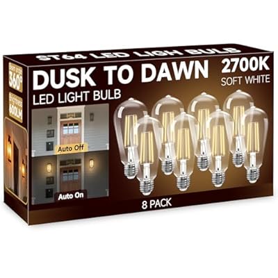 UNILAMP Dusk to Dawn Light Bulbs, Outdoor Light Bulbs, ST64 6W Equivalent 60W, 2700K Soft White, 600LM LED Outdoor Lighting, E26 Base, Photocell Sensor, Auto On/Off Bulb for Porch Patio Garage, 8 Pack