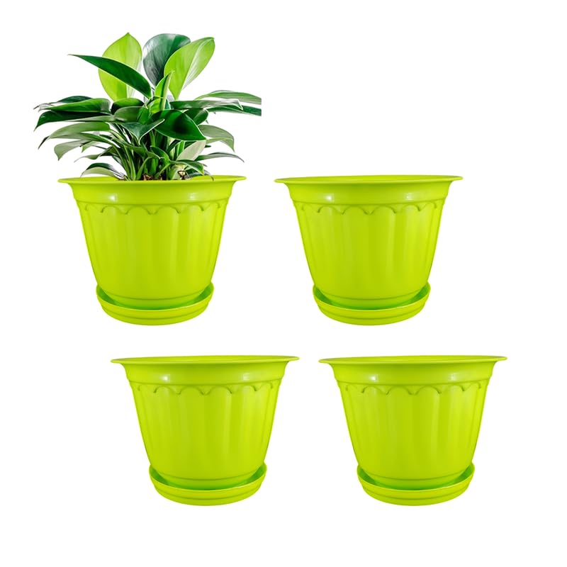 Image of GARDENS NEED 8 Inches Jasmine Round Flower Pot with Tray | Set of 4 | Lemon Green | Plastic Planter Pots for Indoor & Outdoor Home, Office & Balcony Decoration