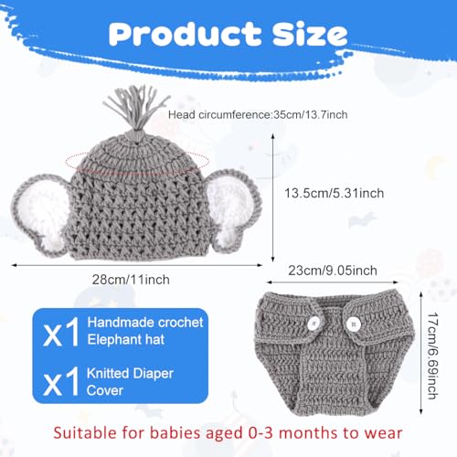 Image of SNOWIE SOFT 0-3 Months Newborn Baby Clothes Baby Photoshoot Props Set with Elephant Hat & Tail Shorts, Soft Knit New Born Photoshoot Props Costume for Fun, Activity, Photo Shoots