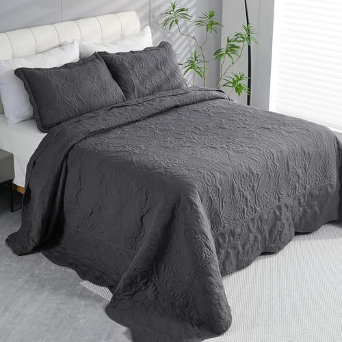 Image of EVENHUG Oversized King Bedspreads California King Quilt Set with Pillow Shams Extra Wide Large King Size Quilts Lightweight Coverlet Bedding Sets Dark Grey 120 inchx120 inch