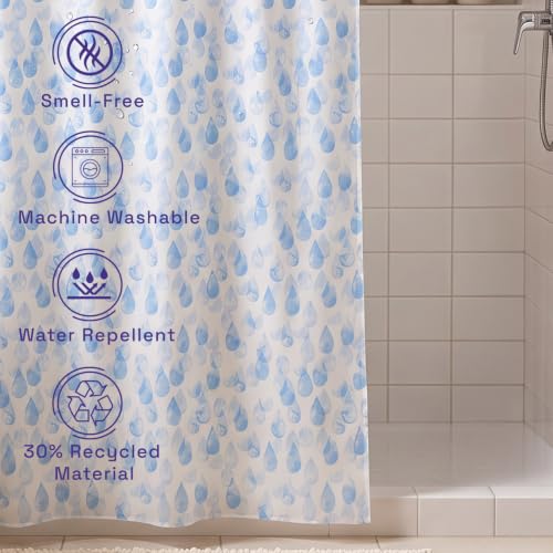 Image of Wakefit PEVA Plastic Printed Shower Curtain 7 Feet | 12 Free Hooks | No Smell, Toxin Free PEVA Plastic | Waterproof Bathroom Curtain | Curtain for Balcony | Height 7ft & Width 6ft | Drops Blue