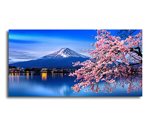Aibonnly W81350 Wall Art Canvas Painting Cherry Blossoms Mount Fuji 1 Piece Mount Fuji And The Sakura Blossoming Lake Picture Poster Print Framed And Stretched Ready To Hang cover