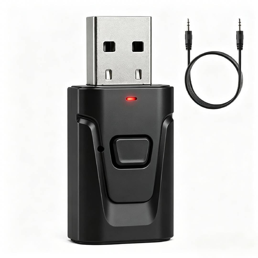 Adaptador Bluetooth USB 5.0 Transmisor y Receptor 2 en 1 – Incluye Cable de Audio – Audio Estéreo Inalámbrico con Jack 3,5 mm – Sin Retraso – para TV, PC, Coche, Altavoz, Auricular – Plug & Play