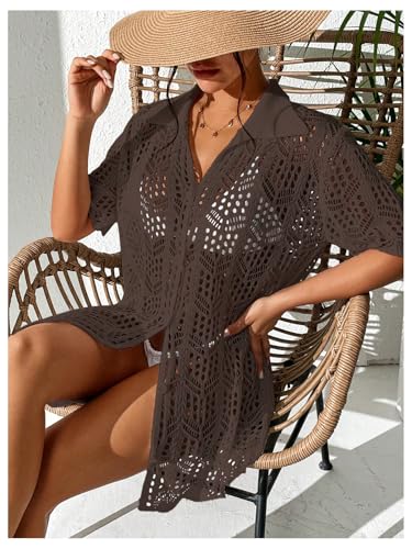 Image of GORGLITTER Women's Crochet Swimsuit Coverups Dress Button Down Short Sleeve Beach Vacation Summer Cover Up Dresses 2025