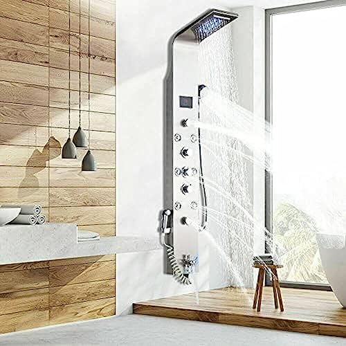 Panel de ducha torre con LED, sistema de agua y grifo mezclador de agua caliente y fría, columna de ducha en níquel cepillado miniatura 1