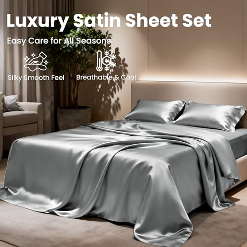 Love's cabin Satin Queen Sheets Set - 4 Piece Dark Grey Silky Bed Sheets with Deep Pocket, Luxury Silk Feel Satin Queen Size Sheet Set (1 Flat Sheet,1 Fitted Sheet,2 Pillow Cases) by Love's cabin - Image 8