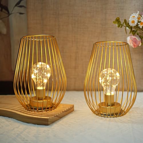 Image of TRIROCKS Set of 2 Cordless Metal Cage Table Lamps with Fairy Lights, Gold