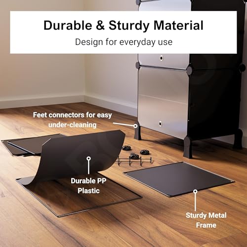 Image of BOXJOY 6 Shelf Shoe Rack with 3 Transparent Doors, 5 Hook Steel Holder & Wooden Hammer, Home Storage PP Plastic Organizer with Metal Door Frame to Cover Chappal Slipper Sandals Shoes Box Stand (Black)